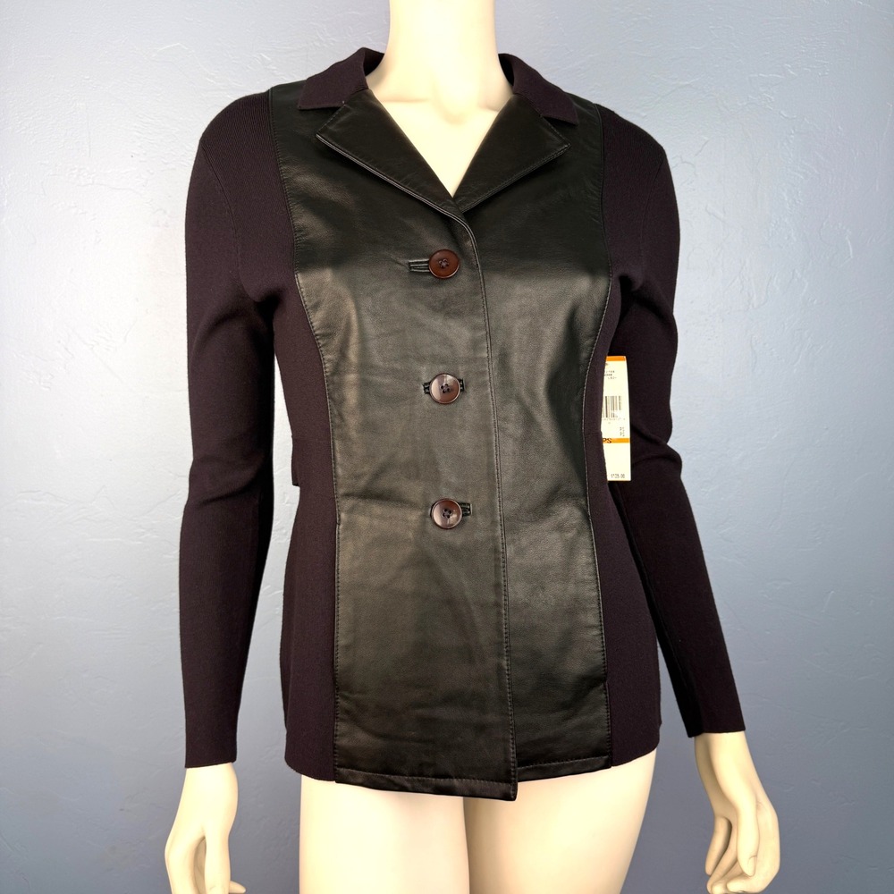 Anne Klein Womens Black Leather Front Button Blazer Cardigan‎ Jacket Size PS